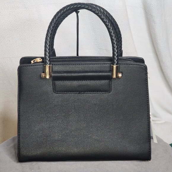 La Terre Black Peta Apprvd Vegan Braided Handle Gold Accent Feet Handbag w/Strap - Picture 10 of 16